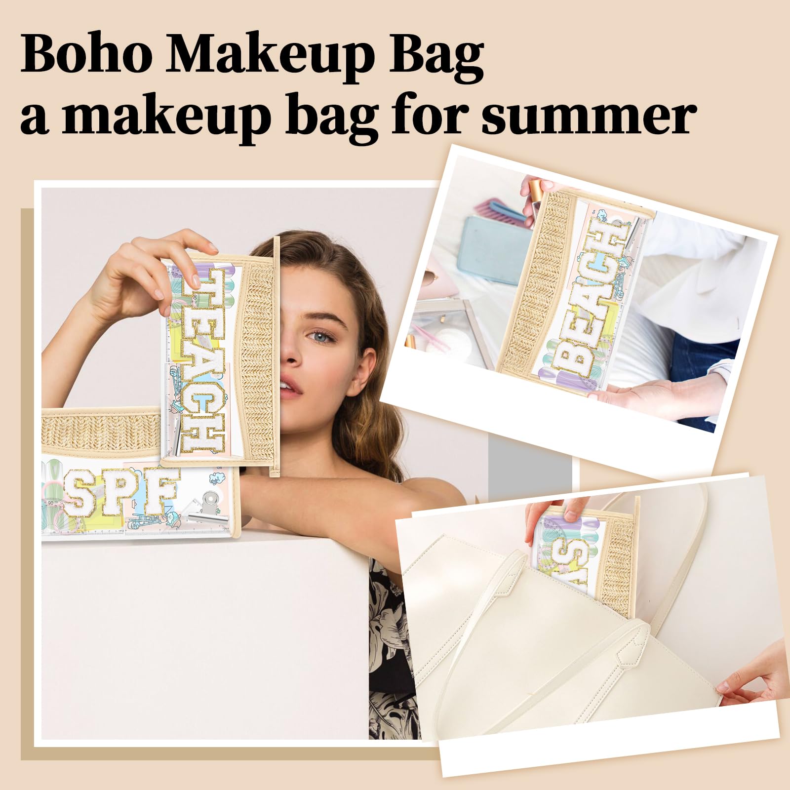 Teacher Appreciation Gifts Boho Straw Clear Makeup Bags, Zipper Cosmetic Bag Chenille Letter Patch Bag, Preppy Cute Beach Toiletry Pouch, Trendy Graduation Retirement Birthday Teacher Gifts for Women