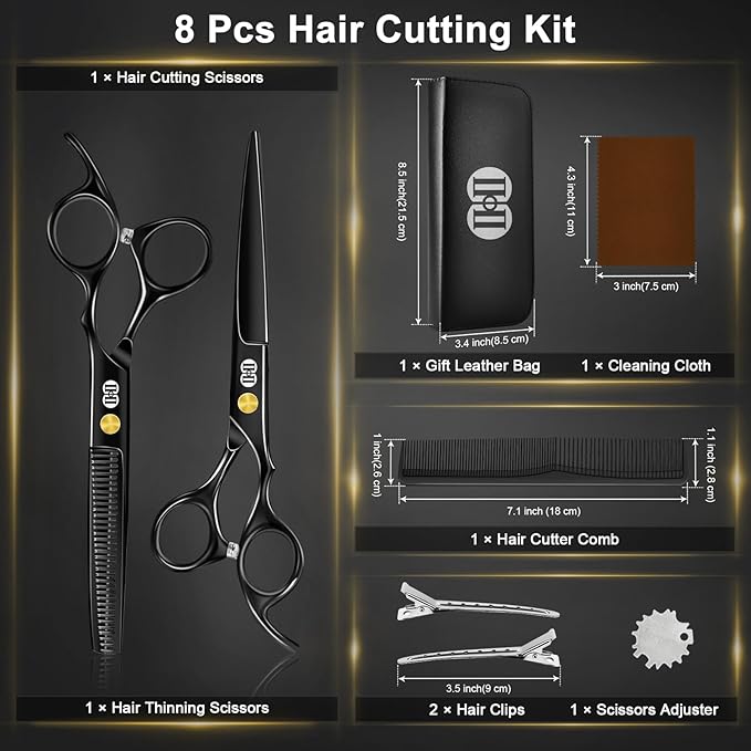 CIICII Hair Cutting Scissors Shears Kit, 6.7″ Barber Scissors Set (Black)