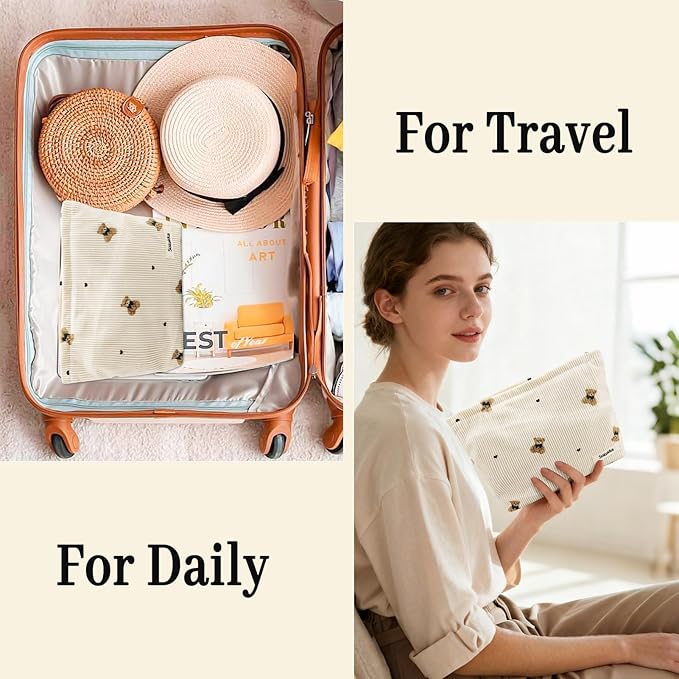 Tmtains Corduroy Makeup Bag Cute Small Soft Zipper Makeup Bags for Purse Organizer Cosmetic Travel Toiletry Pouch with Bear Pattern Coquette Aesthetic Period Pouch Valentine Gifts for Women (Beige)