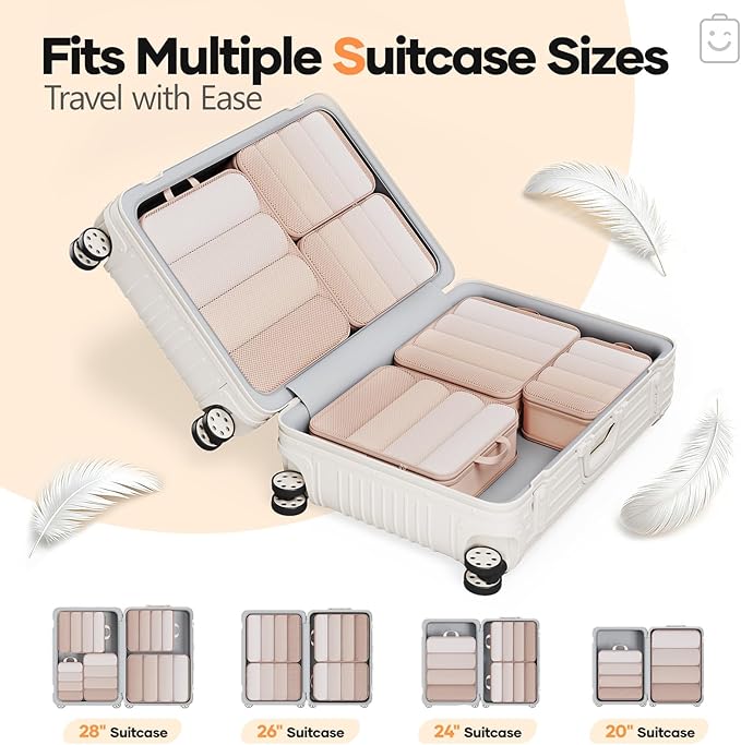 Veken 6/9/11 Set Compression Packing Cubes Garment Bags for Travel Essentials,Compressible Expandable Luggage Organizer Bags for Clothing,Space Saver Bags with Over 1000 pcs of Mesh Holes(Beige)