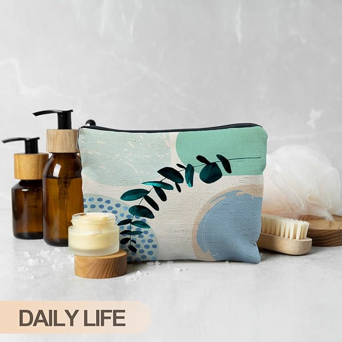 RYYCDOI Abstract Boho Blue and Green Makeup Bag, Trendy Botanical Cosmetic Bags for Women, Boho Gifts for Women, Eucalyptus Leaf Botanical Zipper Makeup Pouch