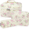 Gosect Makeup Bag Set, Quilted Makeup Bag, Large Floral Cosmetic Bag for Women, Cute Cotton Makeup Bags, Flower Travel Toiletry Organizer Bag (Pink Floer)