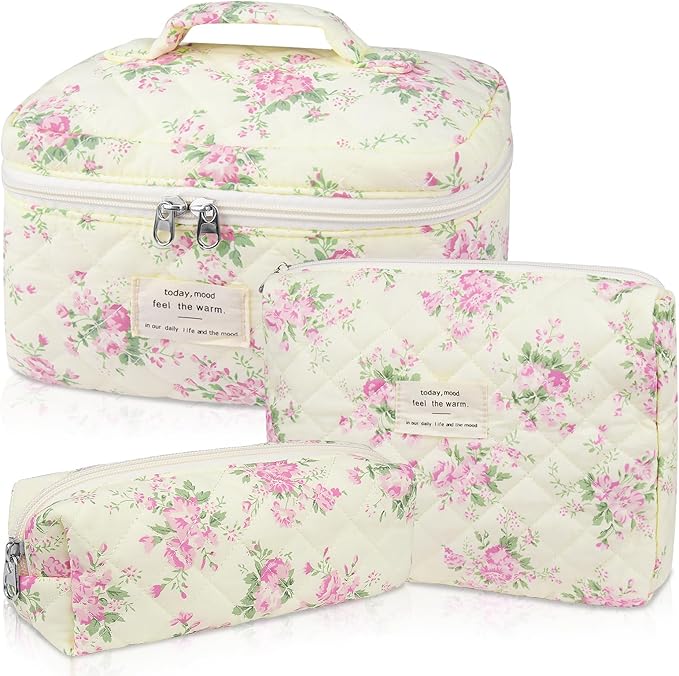 Gosect Makeup Bag Set, Quilted Makeup Bag, Large Floral Cosmetic Bag for Women, Cute Cotton Makeup Bags, Flower Travel Toiletry Organizer Bag (Pink Floer)