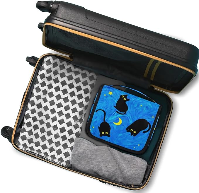OMFUNS Cute Cat Travel Toiletry Bag with Hanging Hook for Women and Girls, DeepSkyBlue Cosmetic Makeup Case Organizer for Accessories, Shampoo, Full Sized Container, Toiletries