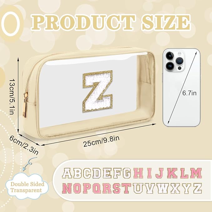 Small Clear Personalized Initial Makeup Bag, Preppy A-Z Chenille Letter Patch Cosmetic Bag, Cute Transparent Nylon Waterproof Zipper Beach Varsity Letter Pouch, Gift for Women Girls(Beige-White Z)