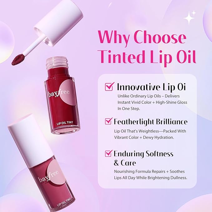 bayfree Tinted Lip Oil Stain Set 4 Shades, Non-Sticky Long-Lasting Hydrating High Shine Lip Gloss with Vitamin E, Fragrance-Free Vegan Korean Liptint for Dry Lips, Under Lipstick & Daily Wear