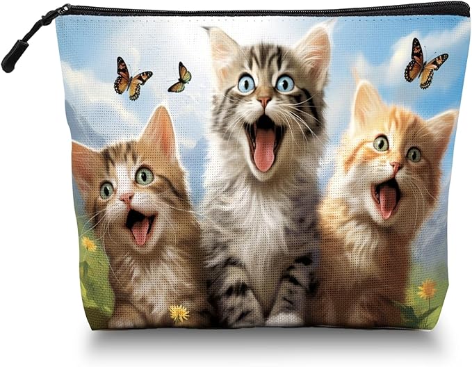 Scribesense Cosmetic Bags Travel Makeup Toilet Case Waterproof Pouch for Women Girls 6.7X9.45inches - Kittens With Butterflies in A Mountain - Sky Background