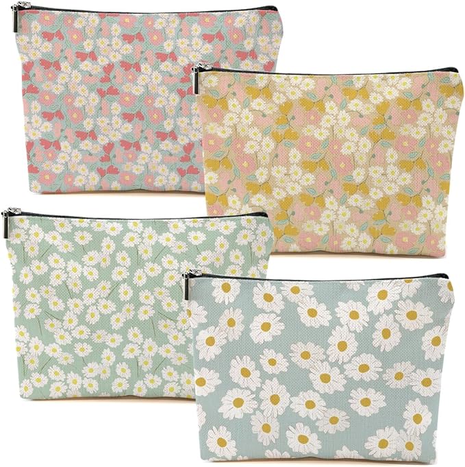4 Packs Vintage Daisy Flowers Makeup Bag Friend Friendship Gifts for Women