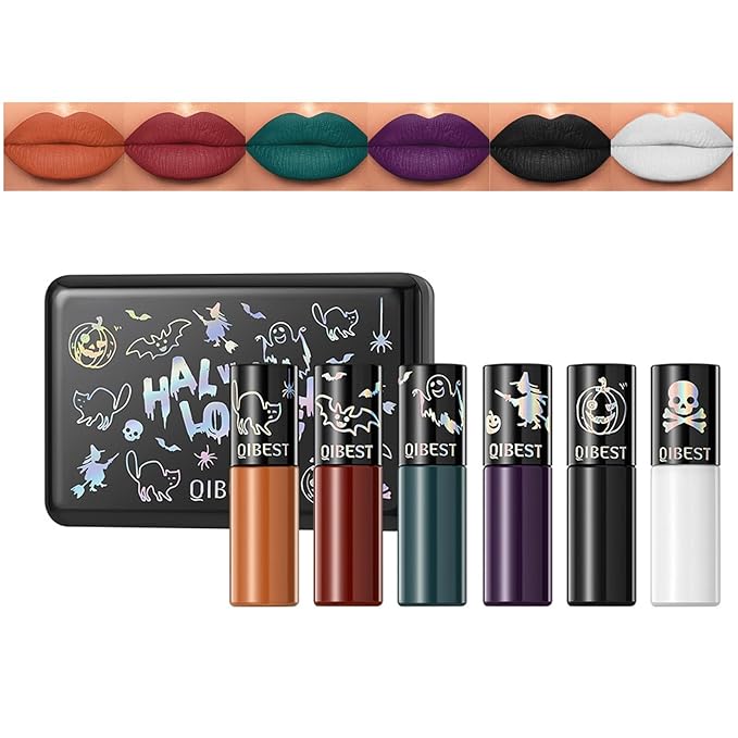Domality 6pcs Matte Liquid Lipstick Makeup Set, Dark Black Green Purple Red Orange White Lip Gloss Kit With Case, Vivid Vampire Velvet Lip Stick for Halloween Cosplay Goth Costume Makeup