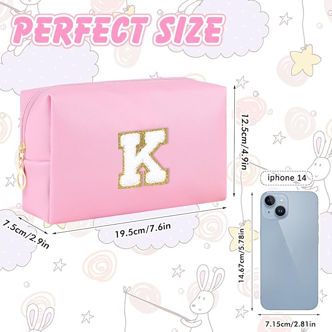 URSKYTOUS Initial Preppy Makeup Bag Travel Small Cosmetic Bag Cute Pink Personalized Preppy Makeup Pouch Zippered PU Toiletry Bag Christmas Birthday Gifts for Women Mom Teacher Friends(K)