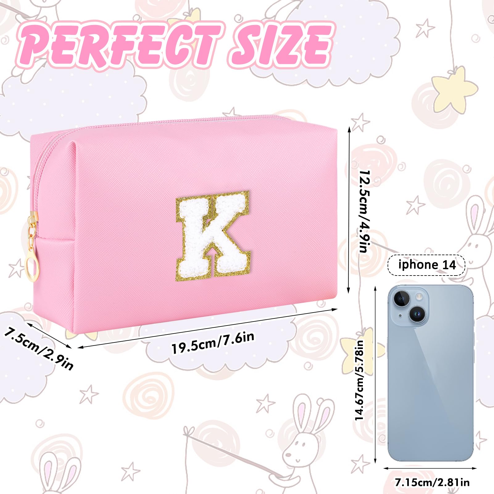 URSKYTOUS Initial Preppy Makeup Bag Travel Small Cosmetic Bag Cute Pink Personalized Preppy Makeup Pouch Zippered PU Toiletry Bag Christmas Birthday Gifts for Women Mom Teacher Friends(K)