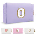 Personalized Makeup Bag Initial A-Z Preppy Patch Bag,Small PU Leather Travel Cosmetic Bag Pouch with Zipper,White Cute Toiletry Bag,Gift Ideal for Teen Girls Women Birthday Friend Mom,Letter O
