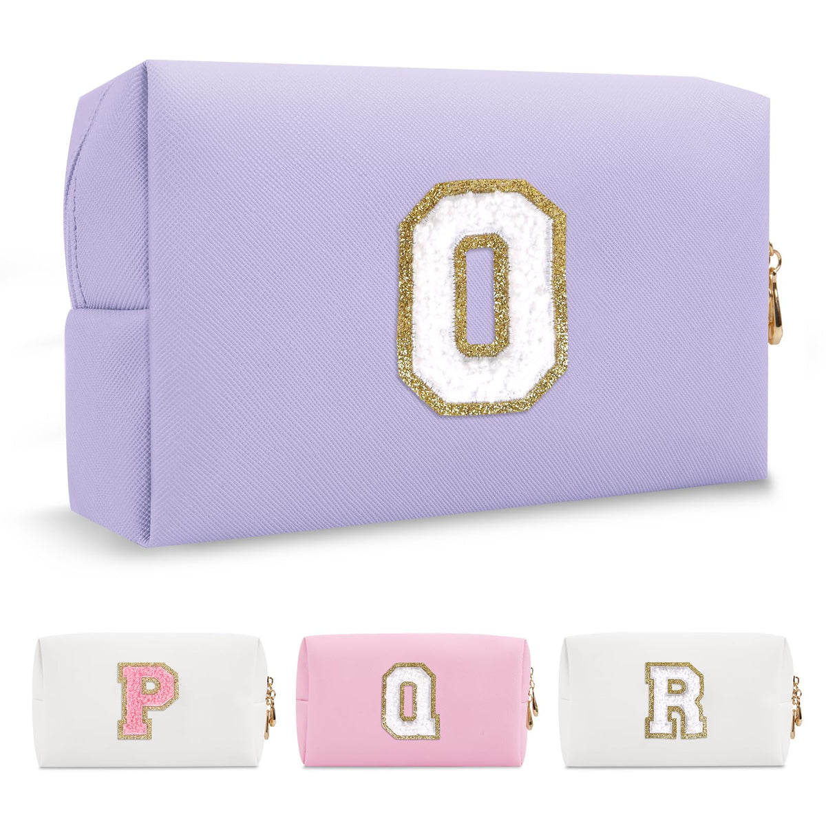 Personalized Makeup Bag Initial A-Z Preppy Patch Bag,Small PU Leather Travel Cosmetic Bag Pouch with Zipper,White Cute Toiletry Bag,Gift Ideal for Teen Girls Women Birthday Friend Mom,Letter O