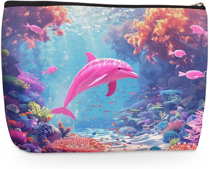 Wenboco Pink Dolphin Makeup Bag, Travel Makeup Case Cosmetic Bags for Women