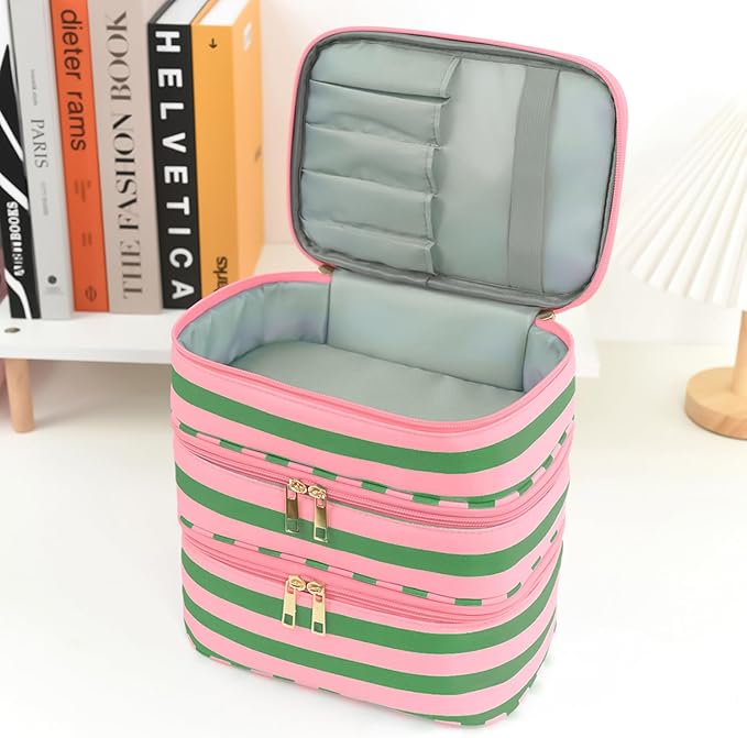 Apxouans Three Layer Makeup Bag for Women Fashion Stripes Cosmetic Bag Preppy Style Travel Water-Resistant Toiletry Bag for Storage Toiletries Cosmetics Sets for Women Teen Girls Green