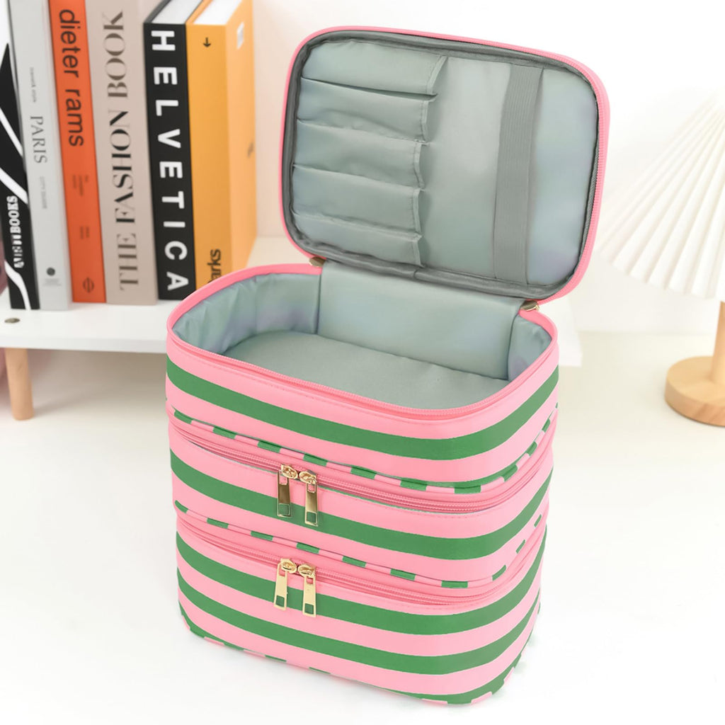 Apxouans Three Layer Makeup Bag for Women Fashion Stripes Cosmetic Bag Preppy Style Travel Water-Resistant Toiletry Bag for Storage Toiletries Cosmetics Sets for Women Teen Girls Green