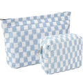 FFpaw 2 Pieces Makeup Bag Set, Small Blue Checkered Cosmetic Bag Travel Toiletry Organizer Mini Cosmetic Pouch Case Makeup Brushes Cute Quilted Aesthetic Accessories Storage Bag for Women