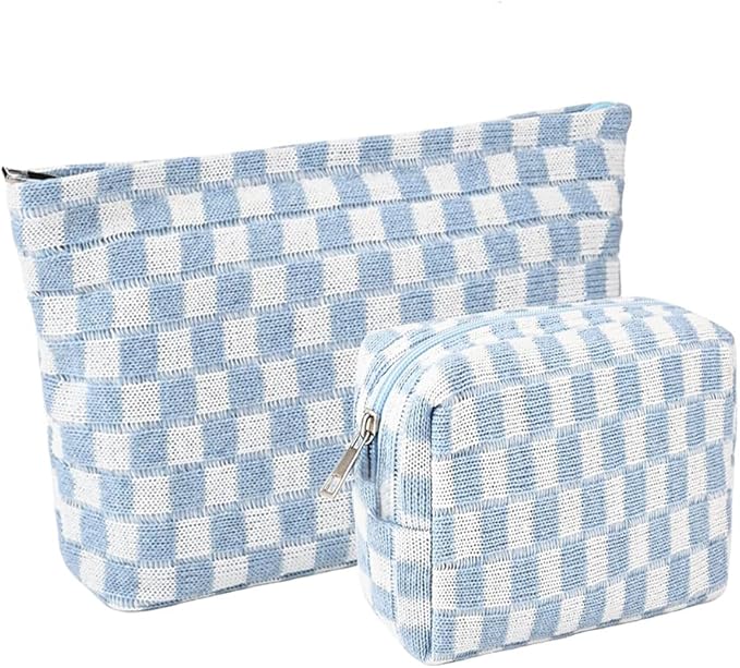 FFpaw 2 Pieces Makeup Bag Set, Small Blue Checkered Cosmetic Bag Travel Toiletry Organizer Mini Cosmetic Pouch Case Makeup Brushes Cute Quilted Aesthetic Accessories Storage Bag for Women