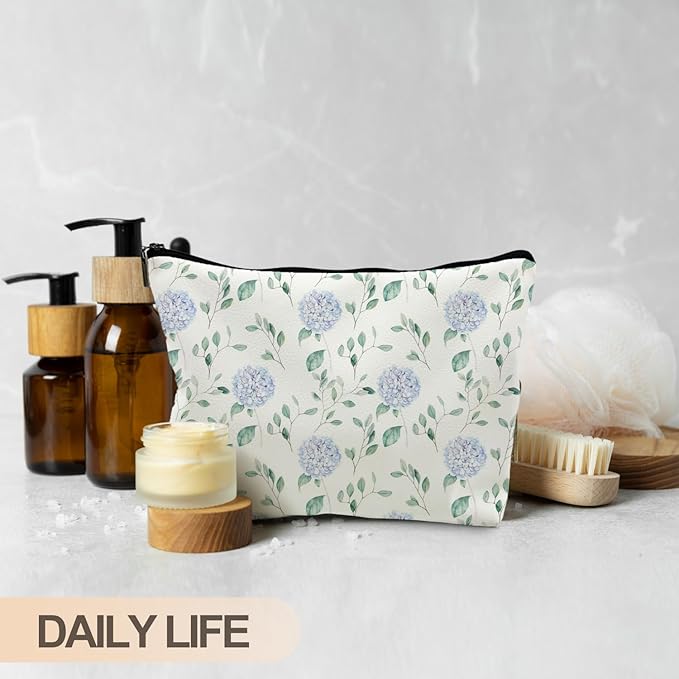 RYYCDOI Blue Hydrangea Floral Weather Makeup Bag, Cosmetic Toiletry Bag for Women, Coquette Makeup Pouch, Aesthetic Pouch, Hydrangea Gifts(PU)