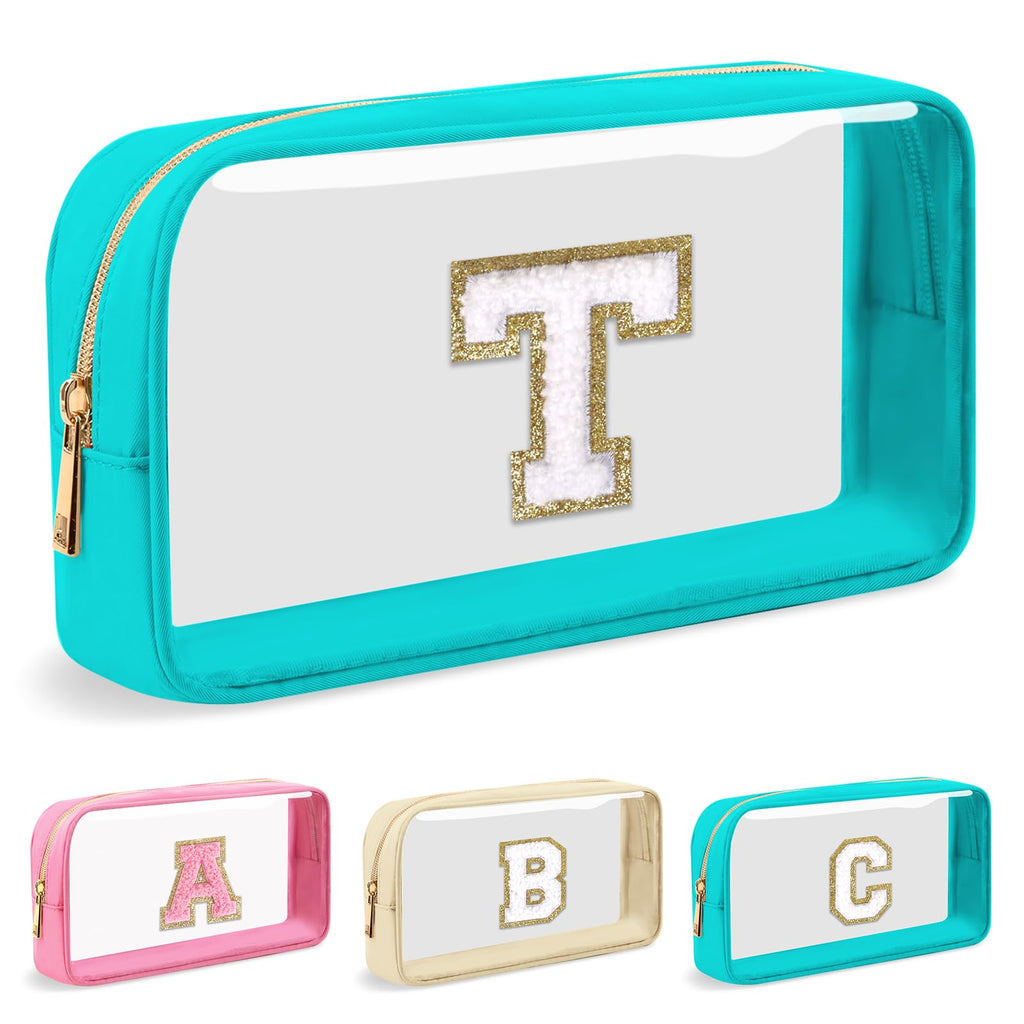 Personalized Initial Letter Clear Makeup Bag,Preppy Small Nylon&PVC Cosmetic Zipper Bag with Chenille Letter,Portable Beach Travel Skincare Toiletry Bag,Trendy Monogram Gift for Teen Girls Women,T