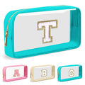 Personalized Initial Letter Clear Makeup Bag,Preppy Small Nylon&PVC Cosmetic Zipper Bag with Chenille Letter,Portable Beach Travel Skincare Toiletry Bag,Trendy Monogram Gift for Teen Girls Women,T