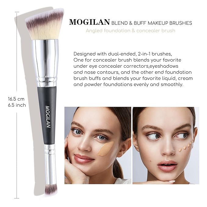 MOGILAN Professional Dual-Ended Makeup Brush - Buff, Blend & Perfect Foundation, Concealer, and Cream Products for Seamless Makeup Application Vegan Face Brush, Black