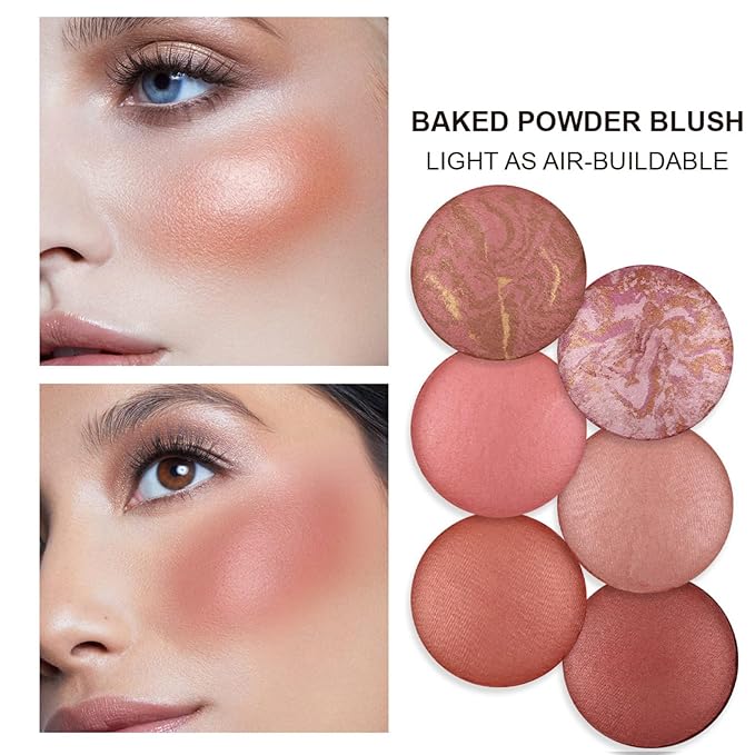 Baked Blush, Marbleized Blush for Cheeks, Shimmery Satin Finish Powder Palette, Buildable Color Natural Face Makeup