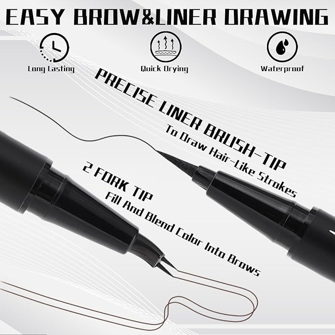 Curved 2 Tip Eyebrow Pen-Light Brown Eyebrow Pencil With Black Eyeliner 2-in-1 Dual-Ended Create Natural Hair-Like Brows,Waterproof.Smudge Proof,Long Lasting All-Day