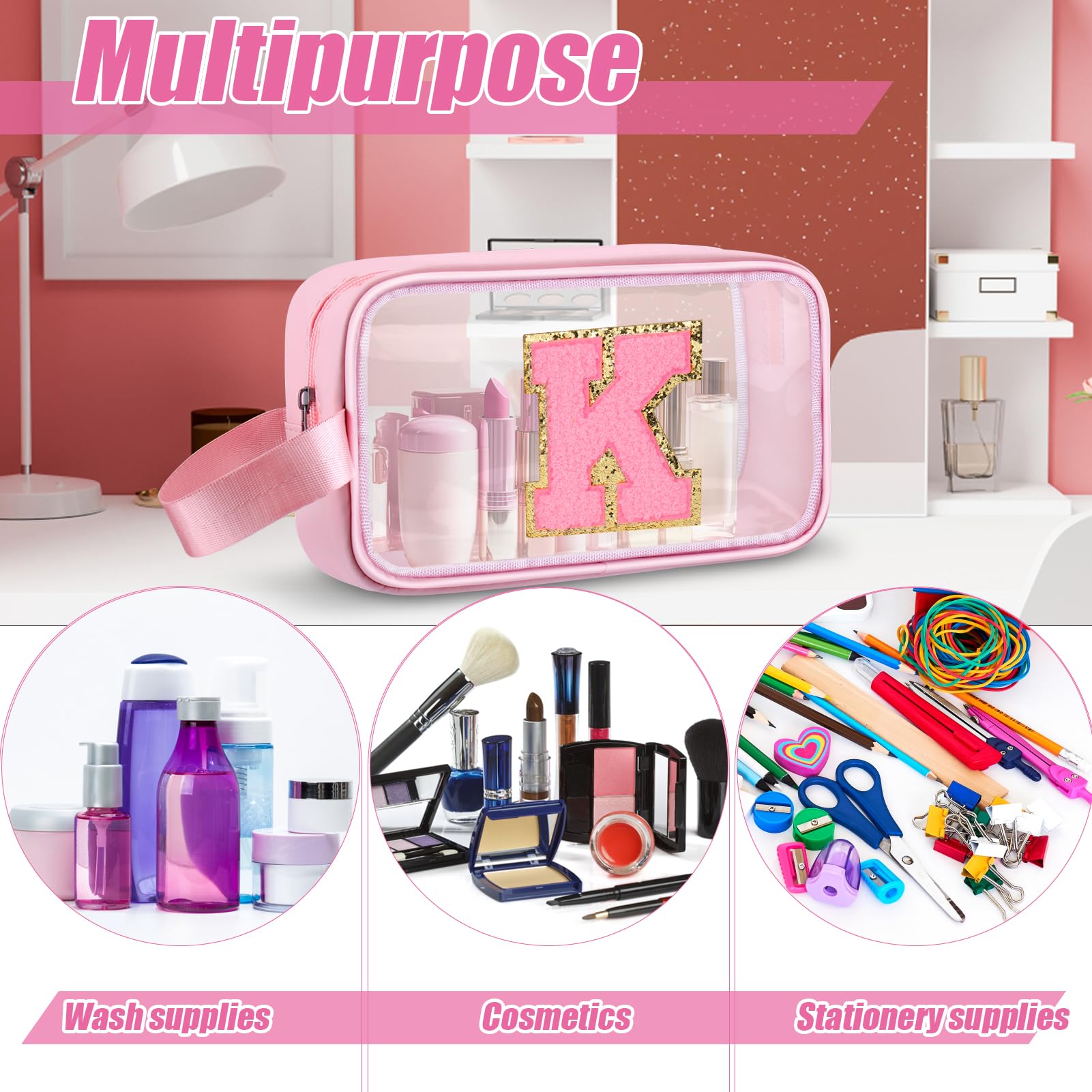 Vodolo Initial Makeup Bag,Letter K Cute Clear Monogrammed Cosmetic Travel Bag for Womens Girls,Personalized Pink Aesthetic Traveling Make Up Organizer Bag for Beach,Waterproof Toiletry Bag