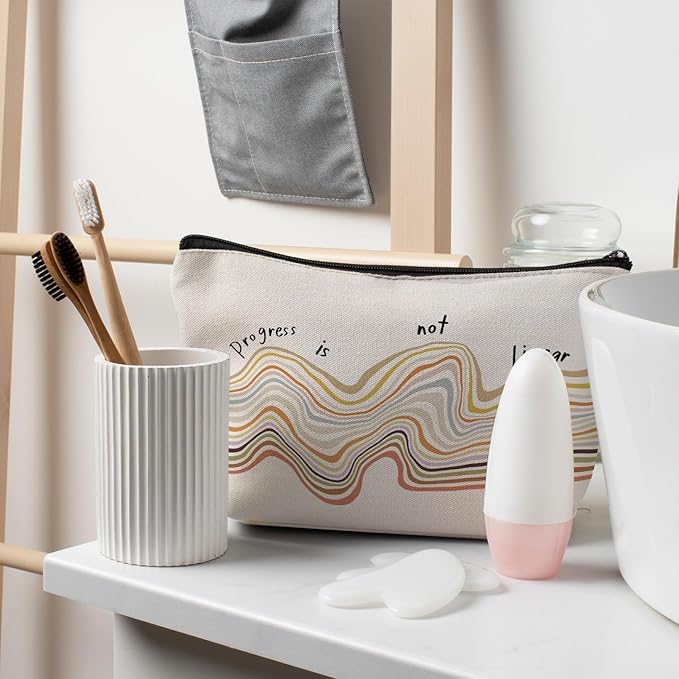 MKGRXZCW Progress is Not Linear Mental Health Makeup Bag for Purse, Inspirational Motivational Cosmetic Bag Travel Toiletry Bag for Therapist Counselor, Therapy Gifts Zipper Makeup Pouch