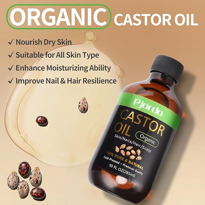 Pjordo 2 Pack 100% Pure & Natural Castor Oil, Cold Pressed Organic Castor Oil for Hair Growth, Eyelashes, Skin, Nails & Scalp, Daily Moisturizing & Nourishing for All Skin Types