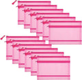 Sinzip 12 Pieces Zipper Nylon Mesh Pouch, Mesh Cosmetic Bags Makeup Bags Pencil Case, Multipurpose Travel Bags for Cosmetic School Office Supplies and Travel Accessories (2 Layers-Pink, A5)