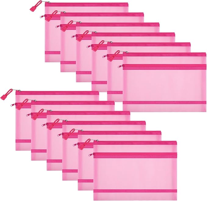 Sinzip 12 Pieces Zipper Nylon Mesh Pouch, Mesh Cosmetic Bags Makeup Bags Pencil Case, Multipurpose Travel Bags for Cosmetic School Office Supplies and Travel Accessories (2 Layers-Pink, A5)