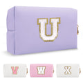 Personalized Makeup Bag Initial A-Z Preppy Patch Bag,Small PU Leather Travel Cosmetic Bag Pouch with Zipper,Purple Cute Toiletry Bag,Gift Ideal for Teen Girls Women Birthday Friend Mom,Latter U
