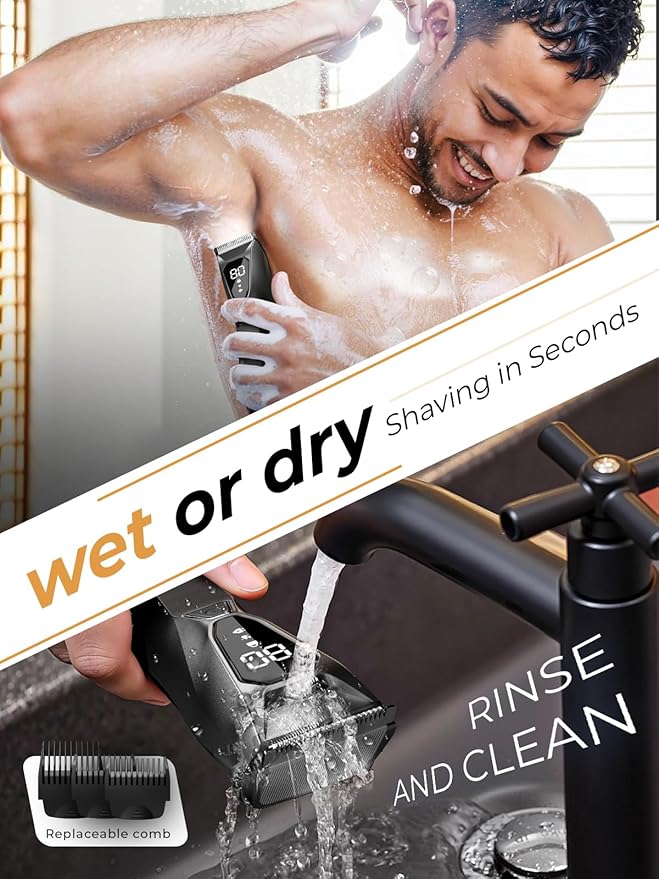 Lijecozy Pubic Hair Trimmer for Man - Cordless Body Hair Trimmer for Men - Electric Ball Shaver with Display & Light - Waterproof Wet/Dry Groomer kit for Groin - 4000K Light - Cosmic Black