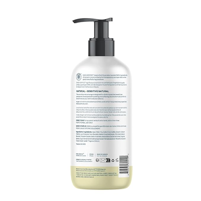 ATTITUDE Hand Soap for Sensitive Skin with Oat, EWG Verified, Dermatologically Tested, Vegan, Vanilla Cream Scent,16 Fl Oz