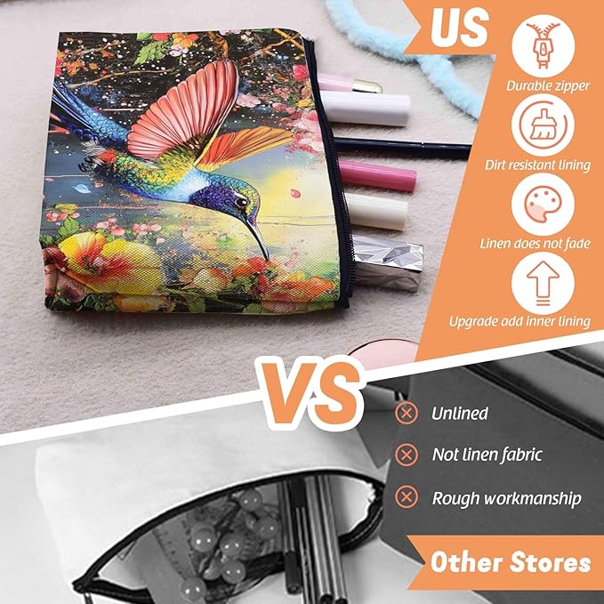 Scribesense Cosmetic Bags Travel Makeup Toilet Case Waterproof Pouch for Women Girls 6.7X9.45inches - Colorful Hummingbird in A Floral Flight