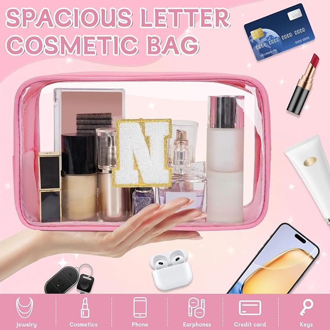 WELIDAY Personalized Initial Clear Makeup Bag, Travel Chenille Patch Cosmetic Bag, Preppy Toiletry Bag Monogram Cosmetic Pouch with Zipper, Ideal Gift for Teen Girls Women (Clear-Pink, N)