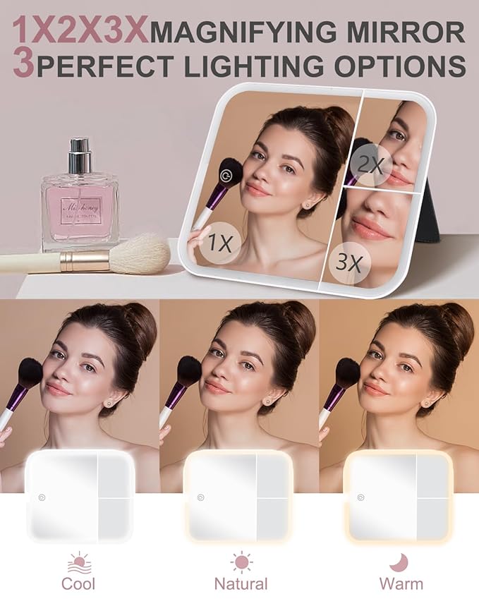 MAYFIY Makeup Bag with LED Lighted Mirror| Portable Makeup Organizer Train Case with 2X/3X Magnification & 3 Color Lights for Precision, Adjustable Brightness| Elegant Gift Packaging, Pink