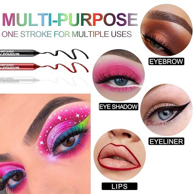 Meilury 7 Colorful Eyeliner Pen Set, Eye Shadow Pencil, Pearl Eyeliner Kit Metallic Glitter Colored Eye liner for Women Eye&Lip Liner Professional Waterproof Eye Makeup (7PCS A)