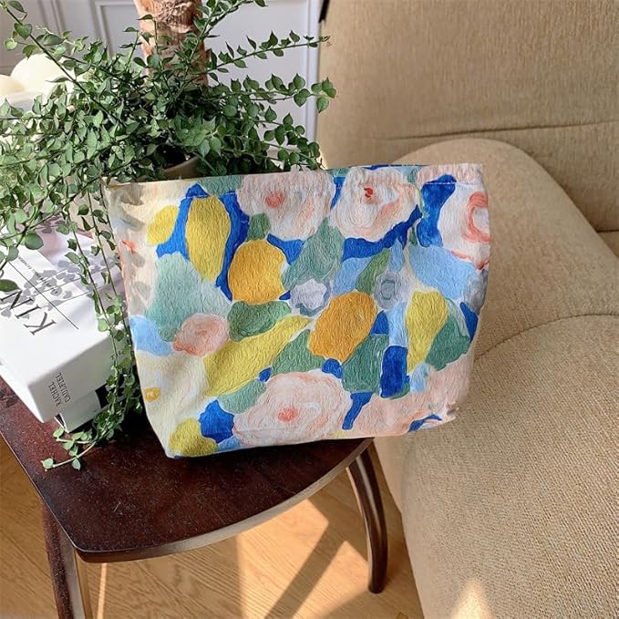Flat Makeup Bag for Women,Zipper Cosmetic Pouch for Purse,Garden Blue