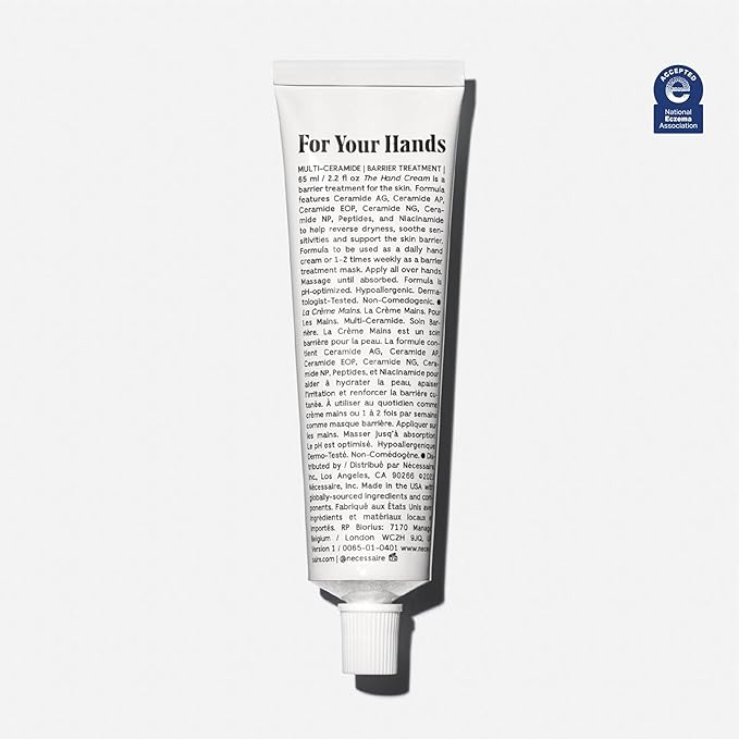 Nécessaire - The Hand Cream for Women & Men with 5 Ceramides & Peptides, Fragrance-Free Hand Lotion, Fast-Absorbing, Non-Greasy. - 2.2 fl oz.