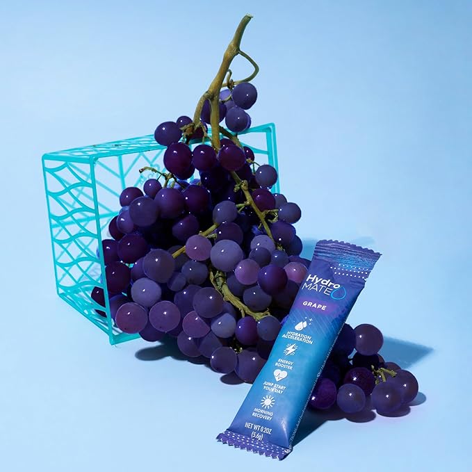 HydroMATE Electrolytes Powder Drink Mix Packets Hydration Accelerator Low Sugar Rapid Party Relief Recovery Vitamin C Plus Grape Pack 30 Count