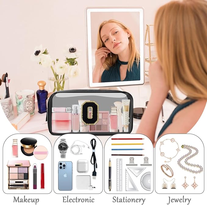 UIXIZQ Personalized Initial Letter Clear Makeup Bag,Preppy Small Nylon&PVC Cosmetic Zipper Bag with Chenille Letter,Travel Skincare Toiletry Bag,Monogram Christmas Gift for Teen Girls Women,O