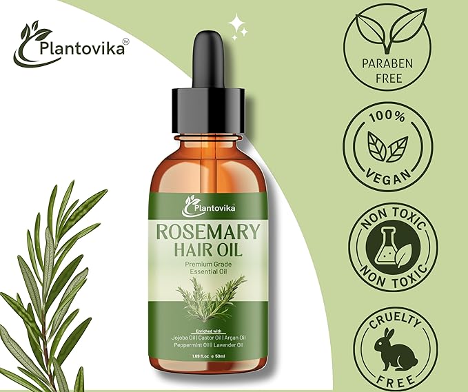 Plantovika Rosemary Oil for Hair Growth, Enriched with Jojoba, Castor, Argan, Peppermint & Lavender Oils, Scalp & Hair Strengthening Treatment, 1.69 oz