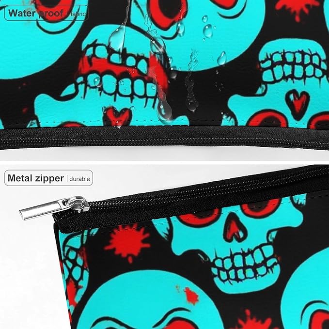 Meaudiwes Women's Fashion Zipper Cosmetic Case, Portable Makeup Case, Personality Toiletry Bag, Travel Cosmetic Toiletry Bag Halloween Cool Red Blood Zombie Skull