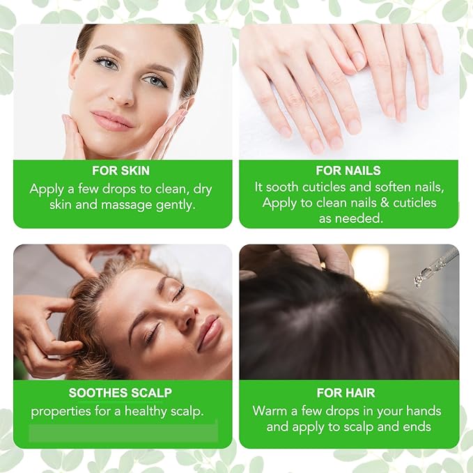2Pack Moringa Oil 2.02 fl.oz, Pure Natural Organic Cold-Pressed Glass Bottle for Hair Growth, Face, Skin & Body Care, Anti-Aging, Nourish Hair, Scalp & Body Massage