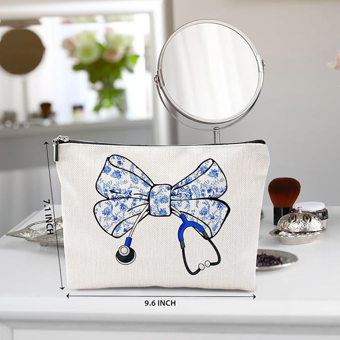 Nurse Gifts, Blue Bow Makeup Bag, Nurse Accessories Funny Cosmetic Bag