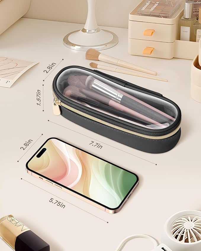 Soimeat Clear Travel Makeup Brush Holder, Leather Makeup Brush Toiletry Bag, Portable Cosmetic Brush Case, Transparent Waterproof Makeup Brush Storage Bag, Black