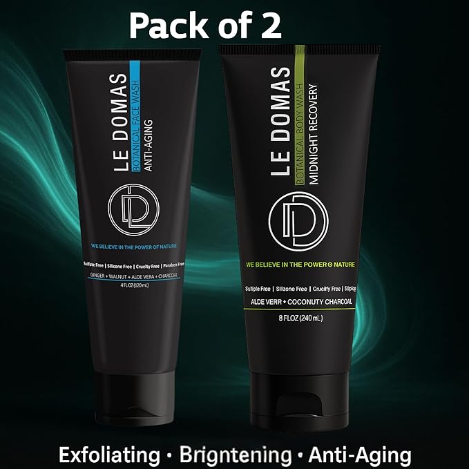LE DOMAS Body Wash & Face Wash Set for Men & Women – Natural Skincare with Aloe Vera, Rice & Coconut Charcoal, Hydrating Moisturizer & Oil Cleanser, Travel Size Skin Care Products for All Skin Types